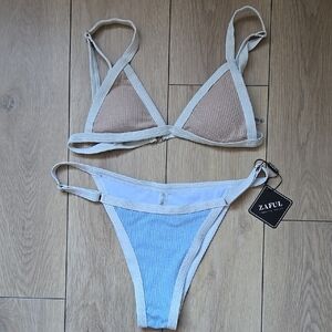 NWT ZAFUL Contrast Binding Glitter Bikini Set Top M Bottom L